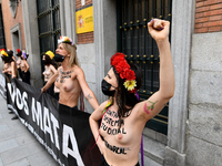 (EDITOR'S NOTE: This image contains nudity.) Femen activists protest in front of the Ministry of Justice in Madrid, Spain on 11st June, 2021...