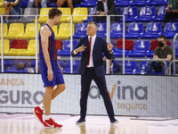 Coach of FC Barcelona Sarunas Jasikevicius talking with 16 Pau Gasol of FC Barcelona during the Liga ACB playoff 3rd match of the semi final...
