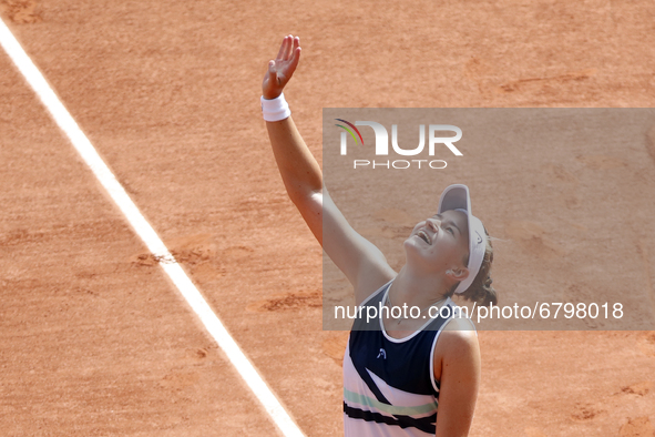 Czech Republic's Barbora Krejcikova celebrates after winning against Russia's Anastasia Pavlyuchenkova during their women's singles final te...