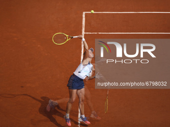 Czech Republic's Barbora Krejcikova returns the ball to Russia's Anastasia Pavlyuchenkova during their women's singles final tennis match on...