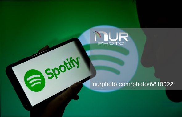 This illustration photo shows the logo of Spotify on a smartphone in Tehatta, West Bengal, India, on June 18, 2021. Swedish audio streaming...