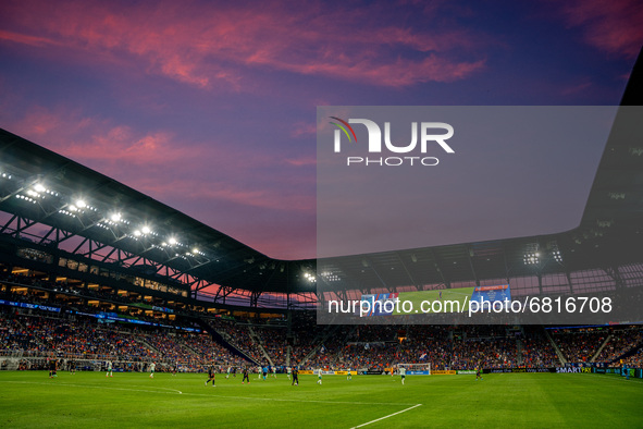 The sky is seen as the sun sets during a MLS soccer match between FC Cincinnati and the Colorado Rapids that ended in a 2-0 Colorado win at...