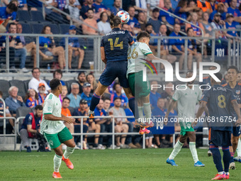 Cincinnati’s Nick Hagglund heads the ball during a MLS soccer match between FC Cincinnati and the Colorado Rapids that ended in a 2-0 Colora...