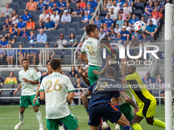 Colorado’s Diego Rubio attempts to head the ball into the goal during a MLS soccer match between FC Cincinnati and the Colorado Rapids that...