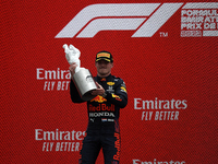 Max Verstappen of Netherlands and the (33) Red Bull Racing  lifts the trophy after winning the F1 Grand Prix of France at Circuit Paul Ricar...