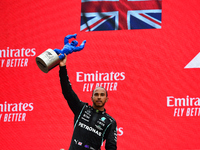Second placed Lewis Hamilton of Great Britain and Mercedes GP celebrates on the podium during the F1 Grand Prix of France at Circuit Paul Ri...