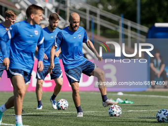 Teemu Pukki (C) of Finland in action during a Finland national team training session ahead of their UEFA Euro 2020 match against Belgium on...