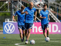 Teemu Pukki (C) of Finland in action during a Finland national team training session ahead of their UEFA Euro 2020 match against Belgium on...