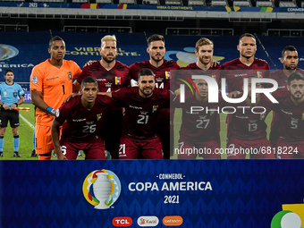 Venezuela’s players pose for a photo before the match against Equador at the Engenhão stadium for the Copa América 2021, at Estadio Olímpico...