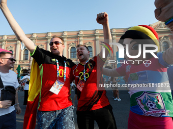 Belgian supporters celebrate at the Fan Zone during the UEFA Euro 2020 Championship match between Denmark and Russia on June 21, 2021 at Kon...