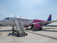 An aircraft of Hungarian low-cost airline Wizz Air is seen on the tarmac on June 21 in Wroclaw, Poland. On June 21 in Wroclaw, the 2-million...
