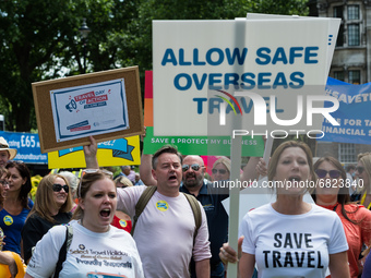 LONDON, UNITED KINGDOM - JUNE 23, 2021: Hundreds of protesters representing the aviation and travel industries demonstrate outside Houses of...