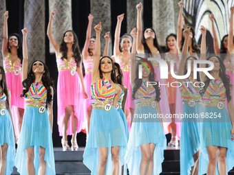 Quezon City, Philippines - Participants of the Binibining Pilipinas perform their opening act on March 30, 2014. Binibining Pilipinas is the...