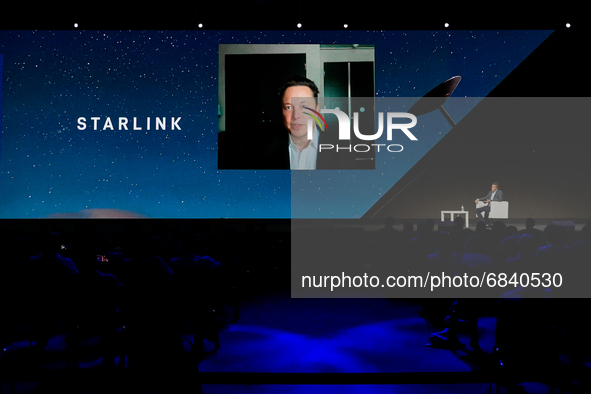 Elon Musk, the Chief Engineer of SpaceX, speaking about the Starlink project at MWC hybrid Keynote during the second day of Mobile World Con...