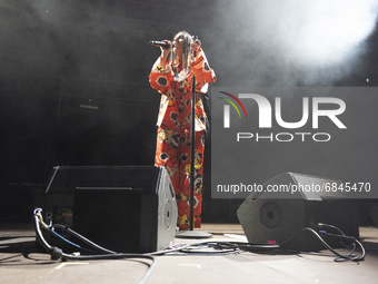 Spanish singer Maria Jose Llergo performs on stage at Noches del Botanico Festival at Real Jardin Botanico Alfonso XIII on July 1, 2021 in M...