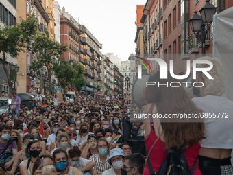 Organisers of the protest giving a speech against homophobia in Madrid, Spain, on July 5, 2021 during a protest following the murder of Samu...