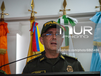 General of Colombia's police Jorge Luis vargas talks to the media as Colombia's high branch military and police generals, Major General of P...