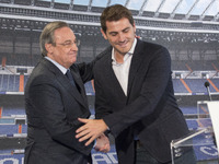 Florentino Perez and Iker Casillas  announce that Iker Casillas will be leaving Real Madrid football team on July 13, 2015 in Madrid, Spain....