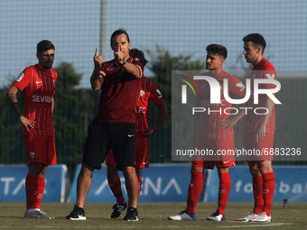 Julen Lopetegui head coach of Sevilla gives instructions to his players during the pre-season friendly match between Sevilla CF and Coventry...