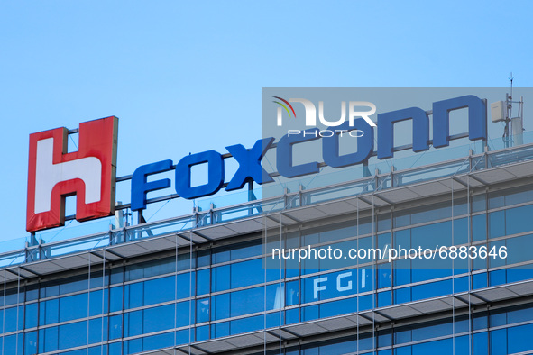 The logo of Foxconn, or Hon Hai Group , which is Taiwan’s technology giant and the world’s leading producer of semiconductors or chips parti...