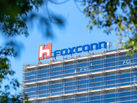 The logo of Foxconn, or Hon Hai Group , which is Taiwan’s technology giant and the world’s leading producer of semiconductors or chips parti...