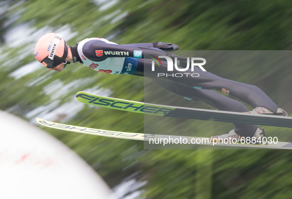 Karl Geiger (GER) during the Large Hill Competition of FIS Ski Jumping Summer Grand Prix In Wisla, Poland, on July 17, 2021. 
