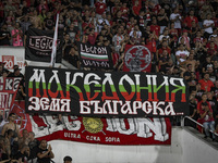 CSKA Sofia fans raise а poster  MACEDONIA - LAND BULGARIAN during 2021 Bulgarian Supercup final between Ludogorets /Razgrad/ and CSKA Sofia...