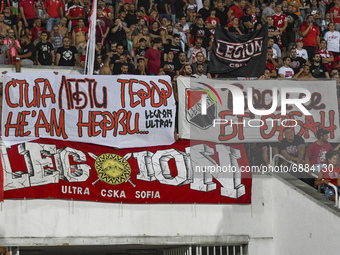 CSKA Sofia fans raise posters STOP LGBT TERROR. I'M NERVOUS and LOOKING FOR BULGARIAN ORBAN during 2021 Bulgarian Supercup final between Lud...