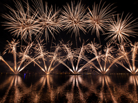Fireworks explode over the St. Mark's Basin for the Redentore Celebrations during the night from 17 to 18 July, 2021 in Venice, Italy. Reden...