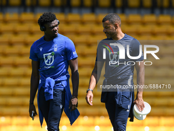 
Loic Mbe Soh of (6) Nottingham Forest and Nottingham Forest first-team coach, Steven Reid during the Pre-season Friendly match between Port...