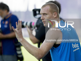 Barcelona, Catalonia, Spain. July 13. Barcelona's Jérémy Mathieu during the first training session of season 2015-16. (