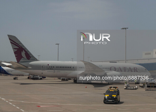 Qatar Airways Boeing 787 Dreamliner aircraft as seen parked at Athens International Airport ATH LGAV in the Greek Capital. The 787-8 airplan...