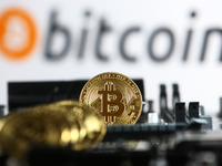 Bitcoin cryptocurrency coins and a PC motherboard are pictured in Kyiv on 19 July, 2021.  (