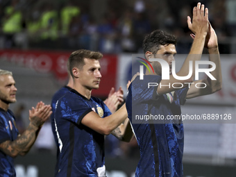 Andrea Ranocchia of FC Internazionale celebrates the win at end of the Pre-Season Friendly match between Lugano and FC Internazionale at Cor...