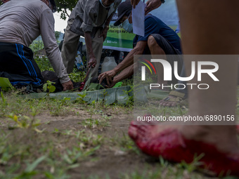 Workers slaughter a goat for sacrifice in Pombewe Village, Sigi Regency, Central Sulawesi Province, Indonesia on July 20, 2021. In addition...