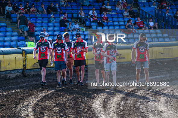   The Belle Vue BikeRight Aces riders on their pre meeting track walk during the SGB Premiership match between Peterborough and Belle Vue Ac...