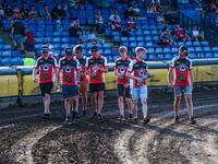   The Belle Vue BikeRight Aces riders on their pre meeting track walk during the SGB Premiership match between Peterborough and Belle Vue Ac...