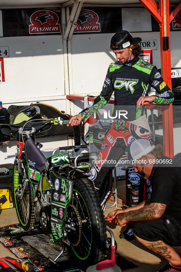 Belle Vue BikeRight Aces  rider Charles Wright warms up his bike  during the SGB Premiership match between Peterborough and Belle Vue Aces a...