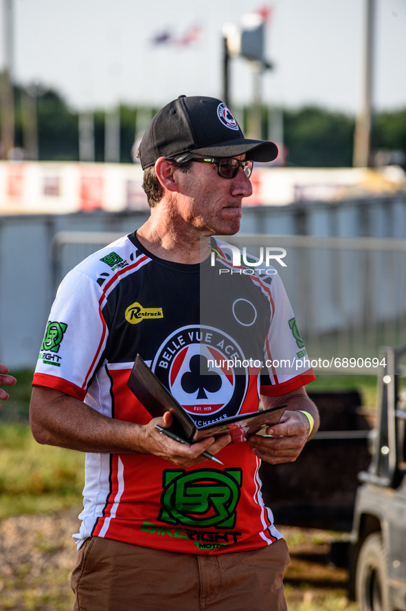  Belle Vue BikeRight Aces  team manager Mark Lemon in thoughtful mood during the SGB Premiership match between Peterborough and Belle Vue Ac...