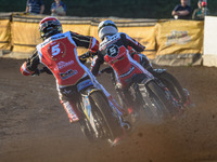  Bjarne Pedersen  (Red) chases Dan Bewley  (White) during the SGB Premiership match between Peterborough and Belle Vue Aces at East of Engla...