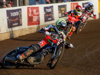  Dan Bewley  (Yellow) on his way to breaking the Peterborough track record as he leads Michael Palm-Toft  (Red) and Brady Kurtz  (White) du...