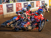  Ulrich Ostergaard  (Red) leads Dan Bewley (White), Hans Andersen  (Blue) and Tom Brennan   (Yellow)during the SGB Premiership match between...