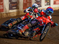  Ulrich Ostergaard  (Red) leads Dan Bewley  (White) during the SGB Premiership match between Peterborough and Belle Vue Aces at East of Engl...