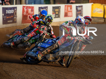  
Steve Worrall  (White) leads Bjarne Pedersen  (Red) Charles Wright  (Yellow) and Jordan Palin  (Blue) during the SGB Premiership match be...
