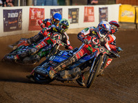   
Steve Worrall  (White) leads Bjarne Pedersen  (Red) Charles Wright  (Yellow) and Jordan Palin  (Blue) during the SGB Premiership match be...