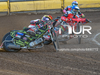   
Jye Etheridge  (Yellow) leads Chris Harris  (Blue) and Hans Andersen  (Red)during the SGB Premiership match between Peterborough and Bell...