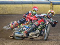  Jye Etheridge  (Yellow) leads Michael Palm-Toft  (Red) during the SGB Premiership match between Peterborough and Belle Vue Aces at East of...