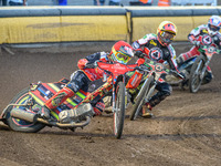  Michael Palm-Toft  (Red) leads Jye Etheridge  (Yellow) and Steve Worrall  (White) during the SGB Premiership match between Peterborough and...