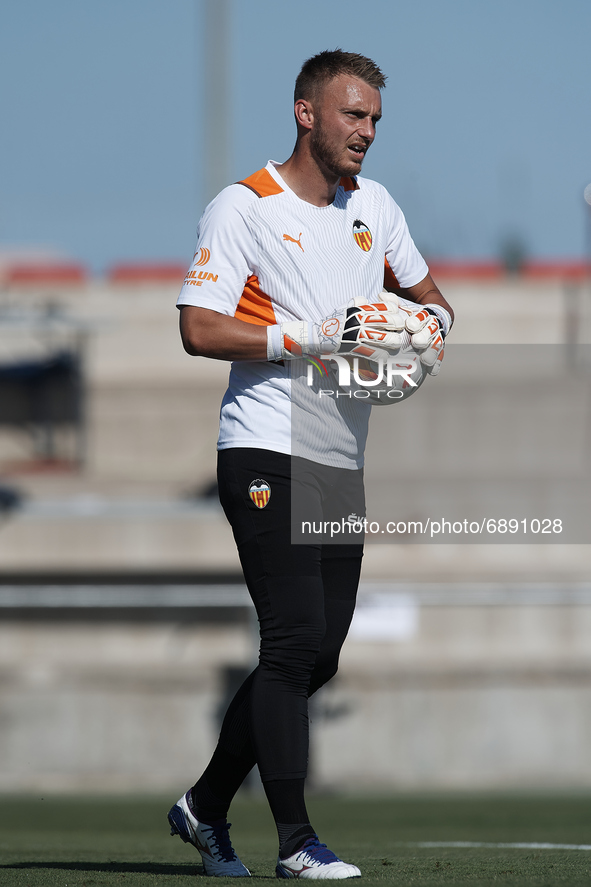 Jasper Cillessen of Valencia during the warm-up before a Pre-Season friendly match between Valencia CF and Villarreal CF at Oliva Nova Beach...