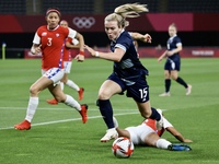 (15) Lauren Hemp of Team Great Britain is challenged by (6) OPAZO Nayadet of Team Chile during the Women's First Round Group E match between...